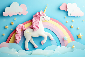 Colorful unicorn illustration with rainbow and clouds in a whimsical fantasy setting