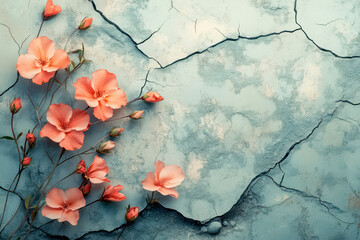 Delicate pink flowers arranged on a cracked blue surface creating a serene and artistic composition