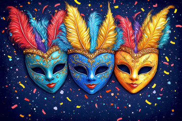 Colorful decorative masks with feathers and intricate designs for festive celebrations and events