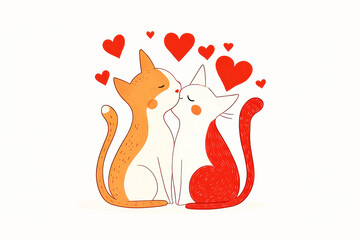Cute illustration of two cats kissing surrounded by hearts in a playful and romantic setting