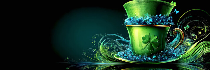 Green decorative hat with shamrock design and vibrant swirling elements in a dark background