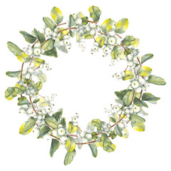 Watercolor illustration of a snowberry branch with white berries and green leaves wreath in botanical style. Ideal for Christmas designs, winter decor, Advent calendars, packaging, and stationery.