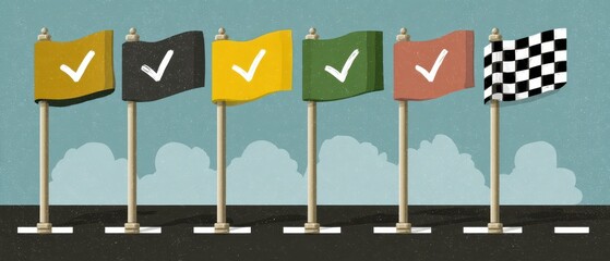 Goal Milestone Six colorful flags with check marks, symbolizing progress or achievement against a textured blue background.