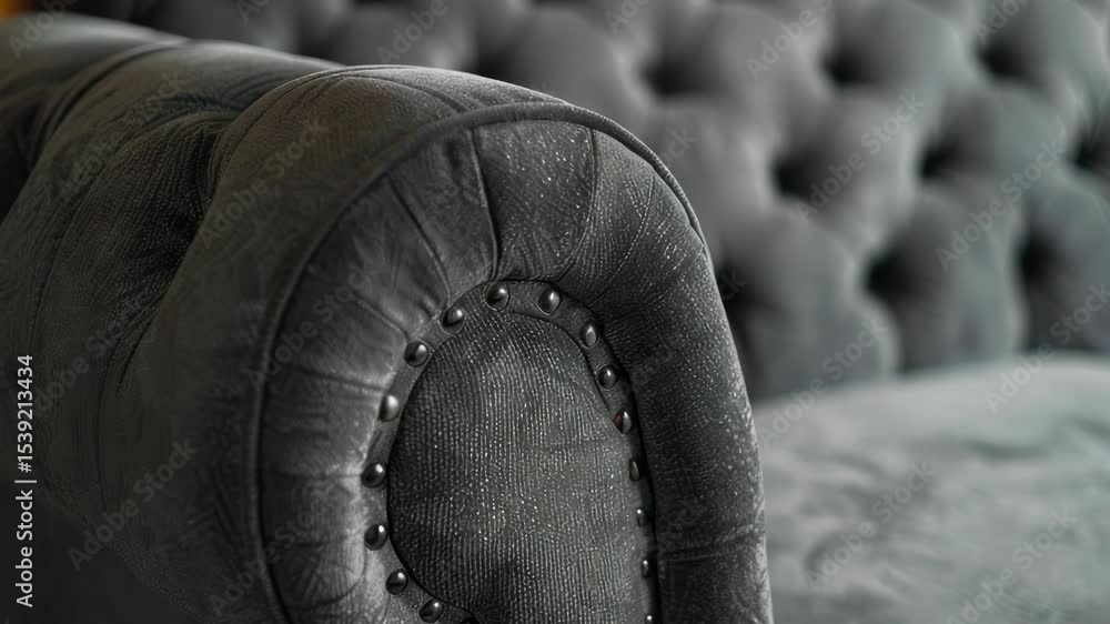 Poster shiny, black velvet sofa with button tufting detail on backrest.