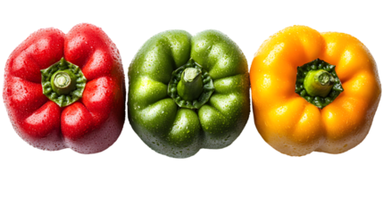 Colorful trio of fresh red green and yellow bell peppers with water droplets highlighting natural texture