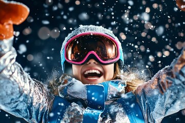 Joyful Child Celebrates Snowy Winter Evening in Ski Gear With Wide Smile and Arms Raised.