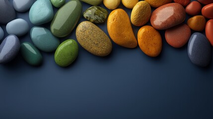 Colorful Polished Pebbles Arranged in Gradient on Dark Background
