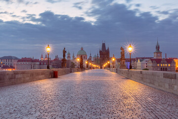 Early morning view of Charles Bridge in Prague, Czech Republic