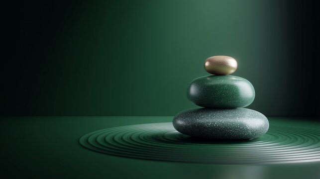 Stacked Polished Stones with Gold Top on Raked Sand Surface