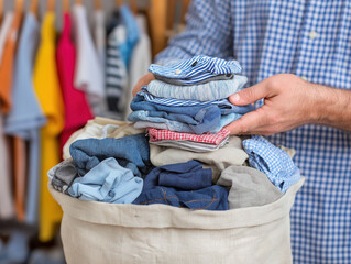 Sorting clean clothes in a laundry basket during a tidy afternoon