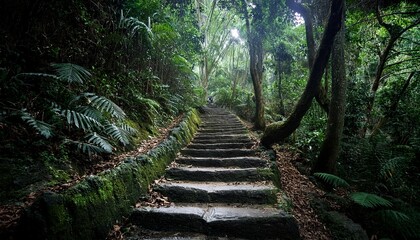 stone steps winding through lush dark forest