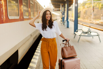 Positive European lady tourist with suitcase standing at railway station, waiting for her train. Trip, active lifestyle, vacation in summer