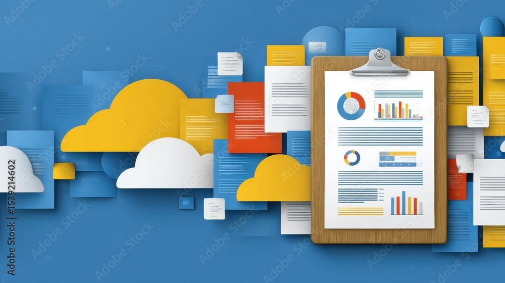 Poster goal milestone colorful cloud-themed background with charts and documents on a clipboard, symbolizin
