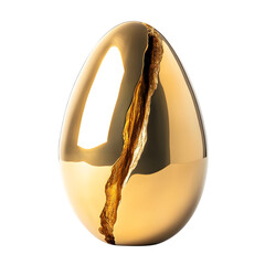 Golden egg-shaped sculpture with striking vertical crack and glossy reflective surface ideal for luxury interior accents