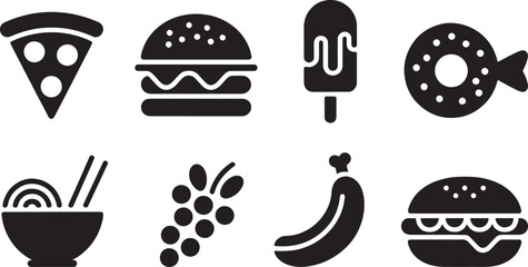 Black and White Food Icons Set Pizza Burger Ice Cream Donut Noodles Grapes Banana