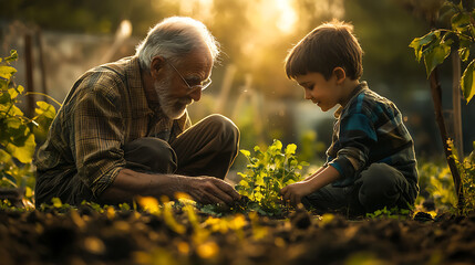 Grandfather and grandson gardening together with plants sunlight and shared moments in nature