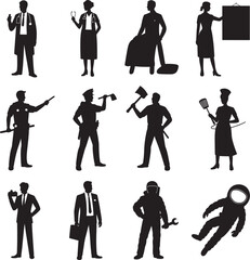 Black Silhouettes of Diverse Professions Set of Ten