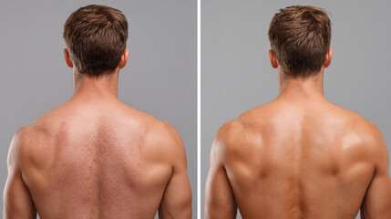 Comparison of a man's back showing before and after skincare treatment, resulting in clearer and smoother skin. Back acne reduction.