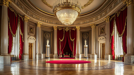 Obraz premium Ornate ballroom interior with crystal chandelier red curtains and golden architectural detail