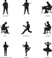 Nine Black Silhouettes Various Professions People Vector