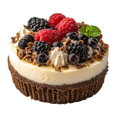 Mini Cheesecake with Mixed Berries Chocolate Crust and Cream Topping Garnished with Raspberries Blackberries