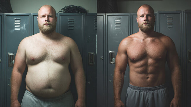 Weight Loss Transformation: Before and after fitness journey. The man transforms his body with hard work and dedication to fitness.