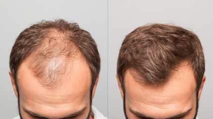 Before-and-after: Hair loss treatment shows positive results with fuller, thicker hair regrowth on a man's head. Enhanced confidence visible.