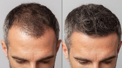 Before and after image showcasing improved hair density, highlighting successful hair growth treatment and hair restoration solutions.