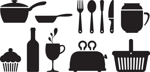 Ten Black Kitchen Utensil Silhouettes on White utensils