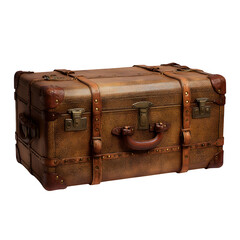 A classic 1930s travel trunk with leather straps and brass rivets, isolated on a white background in 4K, showcasing the intricate craftsmanship and aged leather finish.
