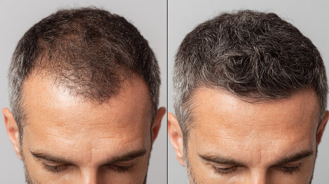 Before and after image showcasing improved hair density, highlighting successful hair growth treatment and hair restoration solutions.