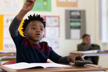 In school, young african american boy raising hand eagerly during classroom lesson