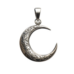 Ornate Silver Crescent Moon Pendant with Star Details and Diamond Accent