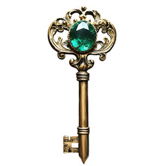 Ornate Vintage Gold Skeleton Key with Intricate Baroque Details and a Large Emerald Gemstone at the Head