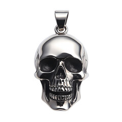 Polished silver skull pendant with high-gloss finish ideal for gothic fashion themes heavy metal aesthetics