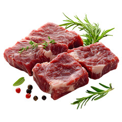 Raw Beef Chunks with Marbled Fat and Fresh Herbs Including Rosemary and Thyme Styled for Culinary Preparation