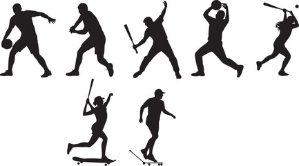 Ten Black Silhouettes of People Playing Sports and Skateboarding