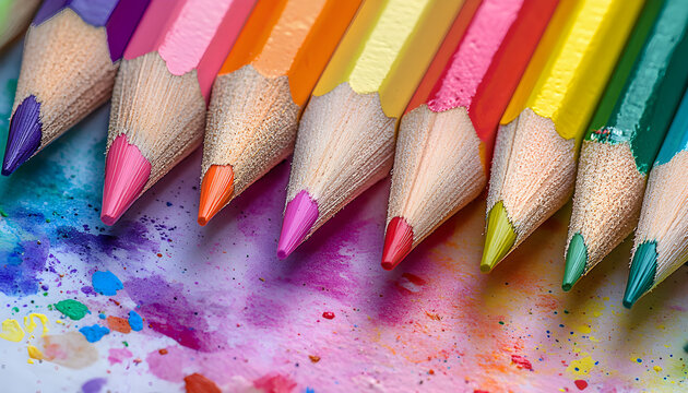 Colorful pencils on vibrant, textured background. Art supplies for creativity, drawing, education. Concept back school, design, art, craft, artistic,