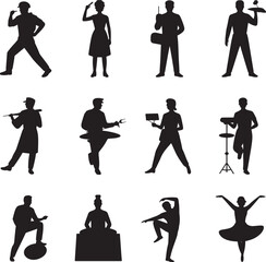 Twelve Black Silhouettes Diverse Occupations People Vector Illustrations
