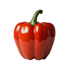 Shiny red bell pepper with smooth glossy skin and curved green stem standing upright in clean and crisp studio lighting