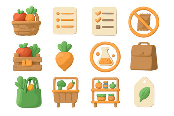 Eco-friendly grocery icons with eco tags and checklists