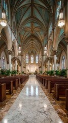 Obraz premium Stunning Architectural Design of a Large Church Interior With Colorful Stained Glass and Wooden Pews