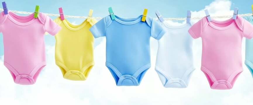 A number of children's clothing hanging on a linen rope. The clothes are blue and hangs in the sun. Washing children's clothing. Pure baby linen. Gel for washing.