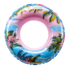 Tropical Inflatable Swim Ring Featuring Palm Tree and Sunset Flower Design Evoking a Relaxing Island Getaway Atmosphere