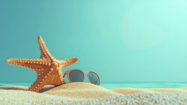 Picture of a sandy beach at sunset with starfish and a shell in the foreground, sunglasses on top, depicting holiday relaxation.