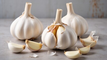 Three heads of garlic and several cloves sit on a gray surface
