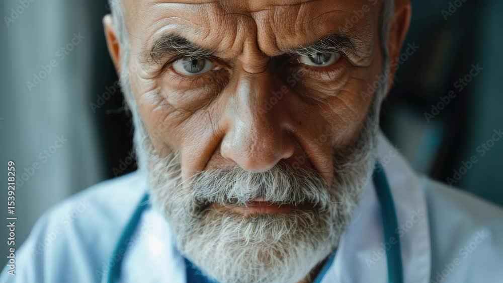 Poster a man with a white lab coat and a beard is looking at the camera with a stern expression