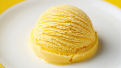 A scoop of mango ice cream sits on a white plate