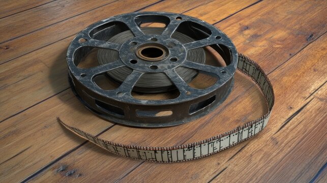 Old film reel on wooden floor