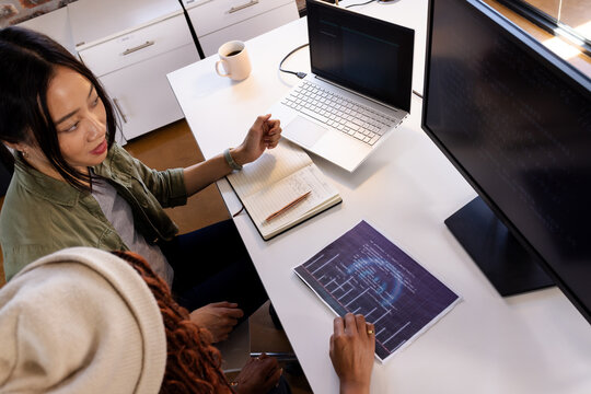 Diverse women collaborating on coding project at office desk with laptop and monitor